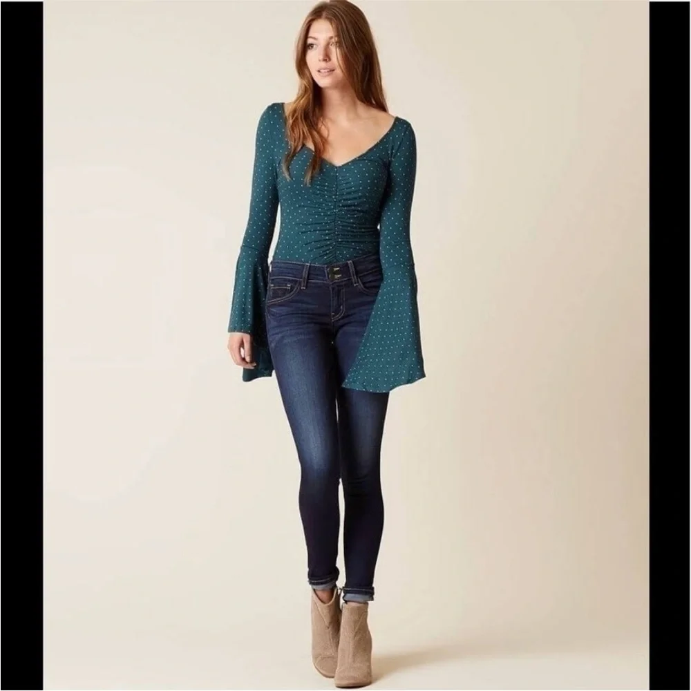 🍀 3/$30 We the Free what a babe polka dot ruched cinched bell sleeve bohemian XS - Picture 12 of 13